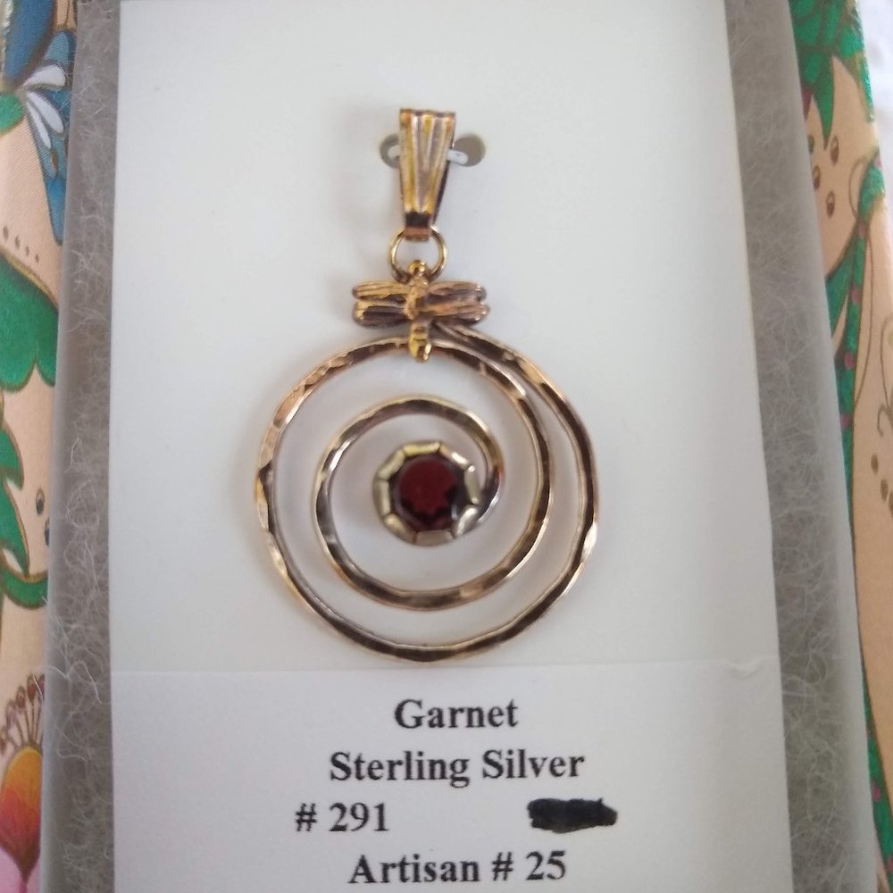 Sterling silver and garnet dragonfly pendant